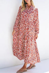 Printed Notched Long Sleeve Dress Deep Red OutfitFlow